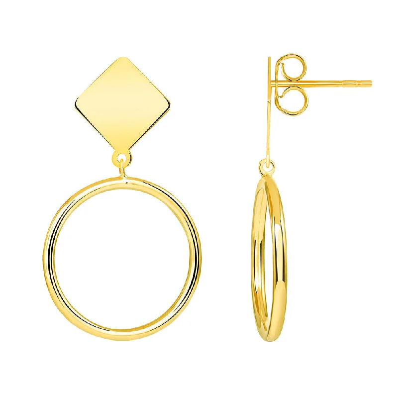 rose gold earrings for women-14k Yellow Gold Open Circle of Life Hoop Dangle Drop Earrings with Diamond Shaped Post Friction Back