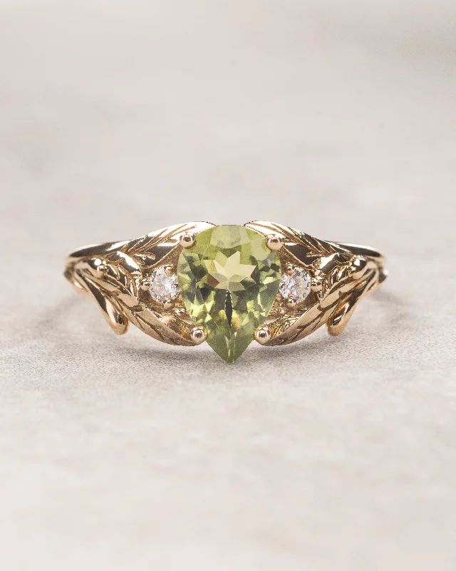 princess-cut engagement rings for women-Peridot engagement ring, nature inspired gold ring with side diamonds / Wisteria