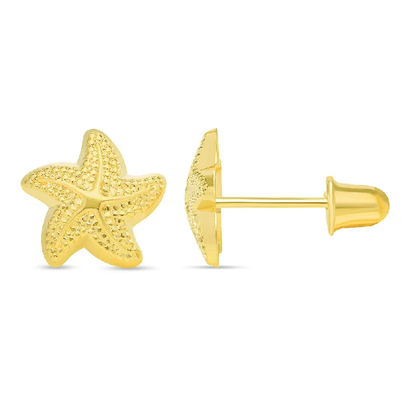 affordable earrings for women-14k Yellow Gold Textured Starfish Stud Earrings with Screw Back