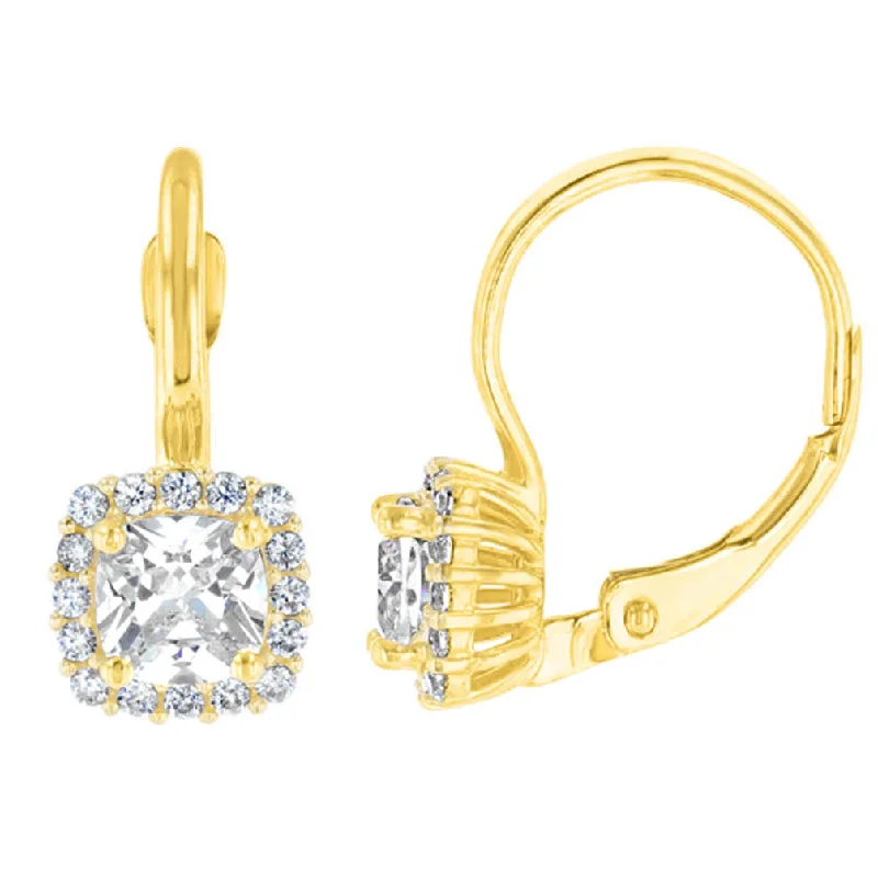 stylish gold stud earrings for women-14K Yellow Gold Pave Square CZ Solitaire Dangling Drop Earrings