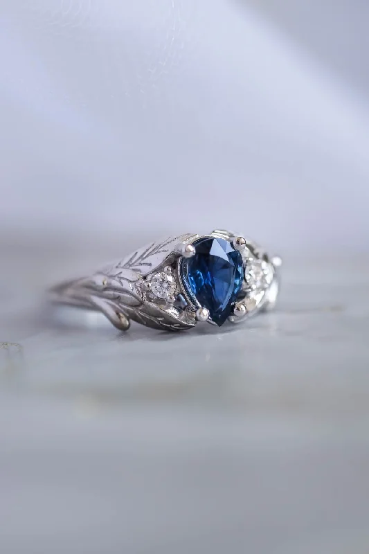 affordable diamond engagement rings for women-Royal blue sapphire engagement ring, unique leaf ring with diamonds / Wisteria