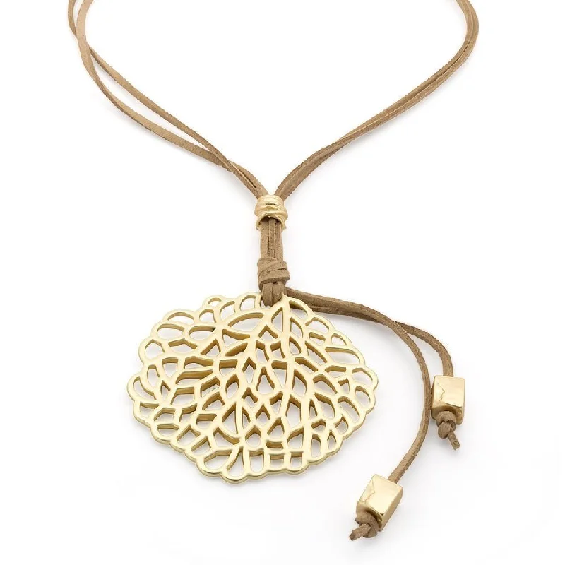 geometric necklaces for women-Long Suede Beige Necklace Openwork Pendant Gold Plated