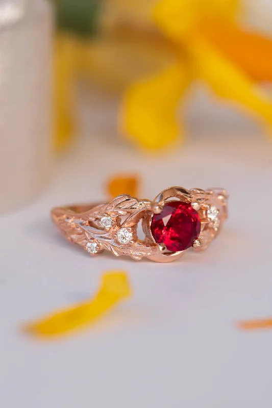 beautiful engagement rings for women-Lab ruby branch engagement ring, rose gold twig proposal ring / Japanese Maple