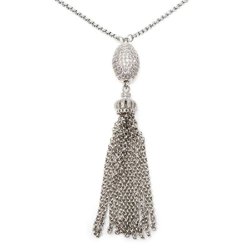 pearl necklaces for women-Tassel Necklace CZ Pave Ball Pearl Silver Tone