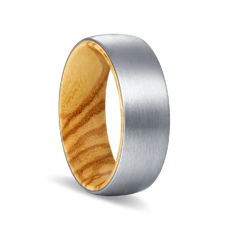 geometric rings for women-ARBOR | Olive Wood, Silver Tungsten Ring, Brushed, Domed