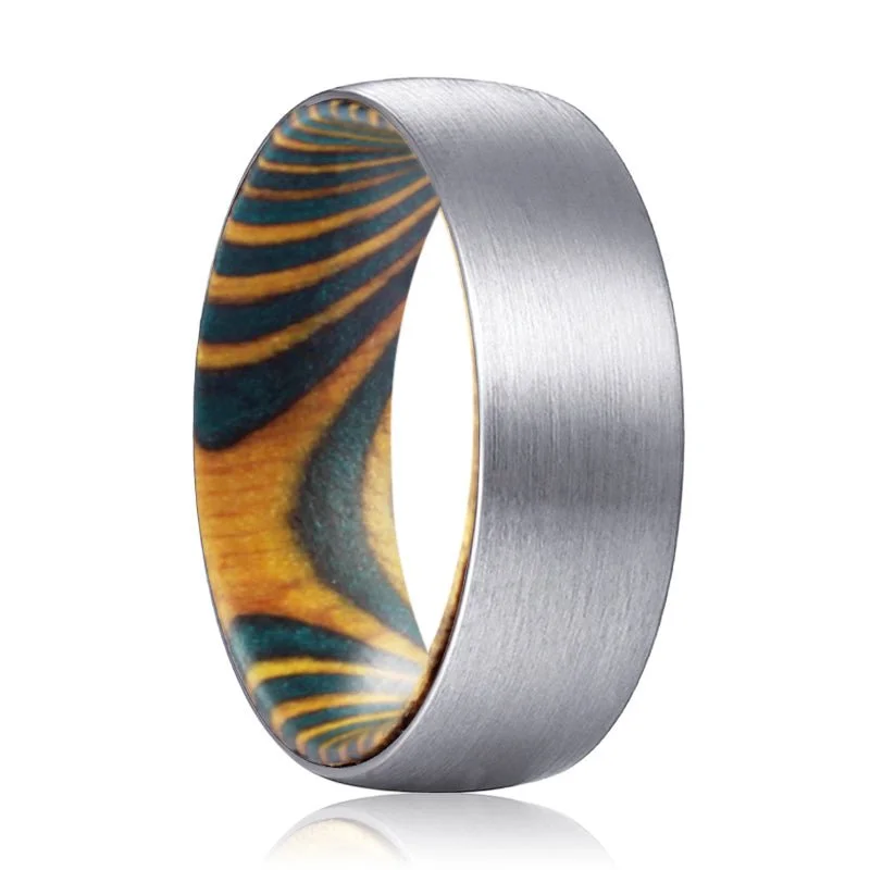 multi-stone rings for women-MAX | Green & Yellow Wood, Silver Tungsten Ring, Brushed, Domed