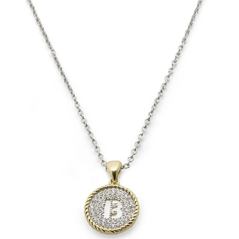 gold-plated necklaces for women-Two Tone Necklace Round Pave Initial - B