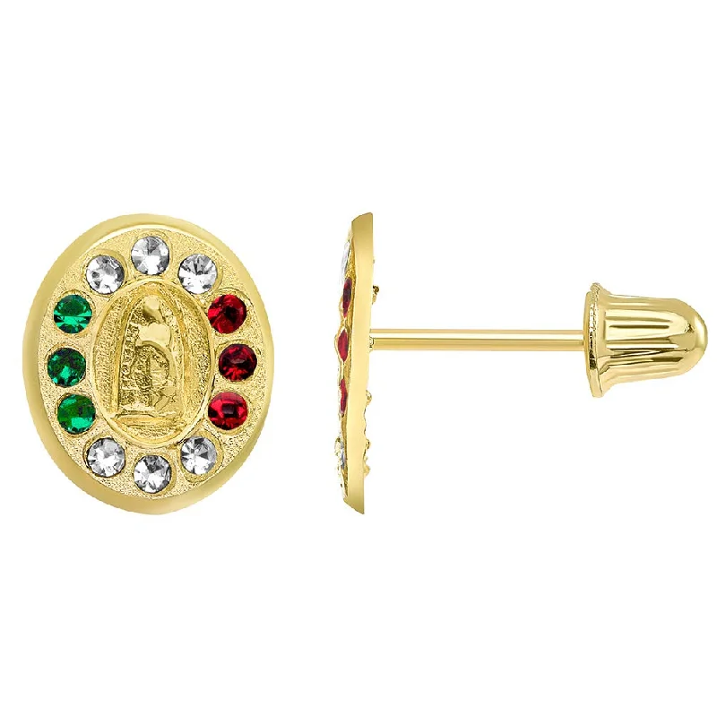 elegant earrings for women-14k Yellow Gold Green, Red, and White Cubic Zirconia Oval Our Lady Of Guadalupe Stud Earrings with Screw Back