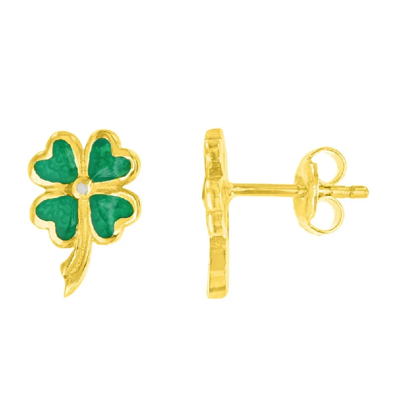 luxurious earrings for women-Solid 14K Yellow Gold Heart Shaped Four Leaf Clover Good Luck Stud Earrings with Enamel