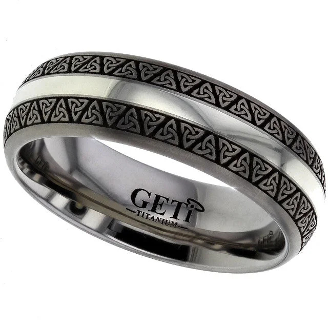 adjustable rings for women-Titanium And White Gold Celtic Triquerta Knotwork Ring - 2210-9W-DTRIN