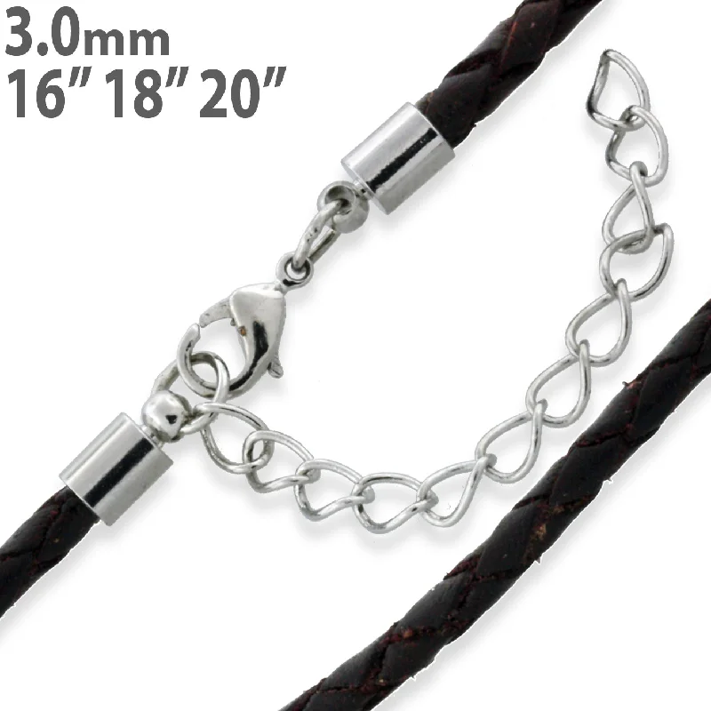 chokers for women-3.0mm Brown Braided Leather Cord w/ Adjustable Clasp