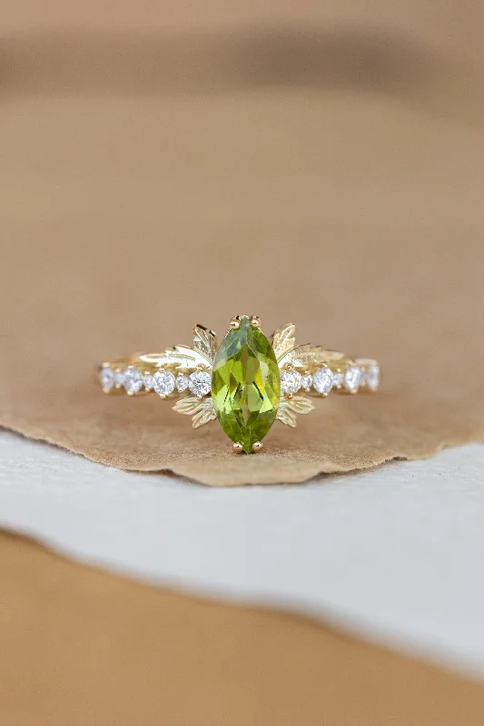 unique diamond engagement rings for women-Peridot and diamonds engagement ring, nature inspired gold leaf ring / Verbena