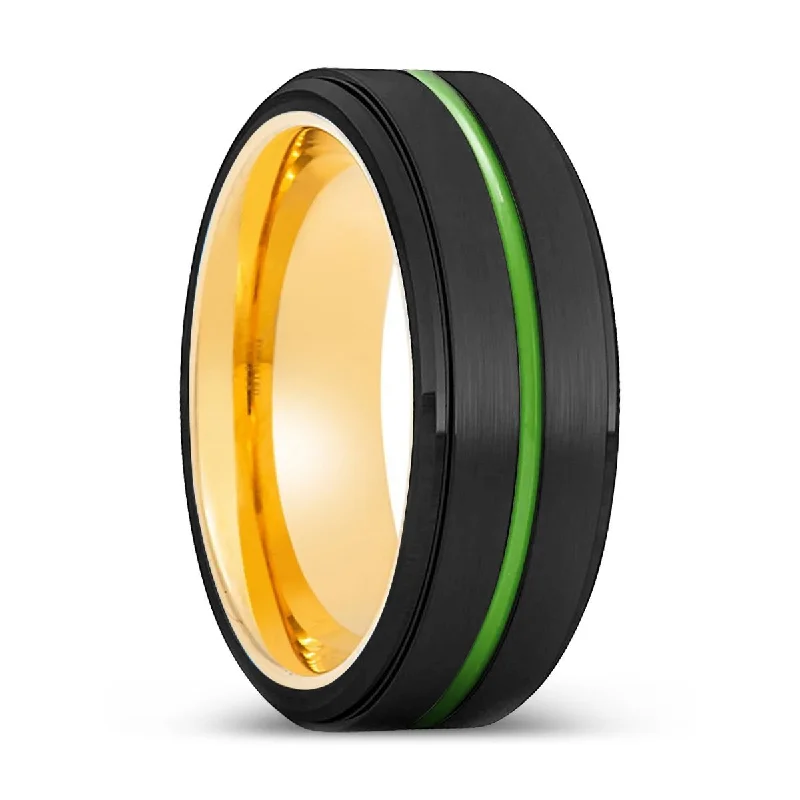 colorful gemstone rings for women-PATERSON | Gold Ring, Black Tungsten Ring, Green Groove, Stepped Edge