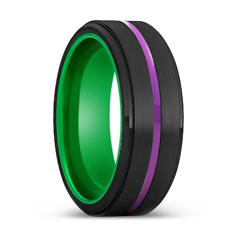 vintage-inspired rings for women-GEELONG | Green Ring, Black Tungsten Ring, Purple Groove, Stepped Edge