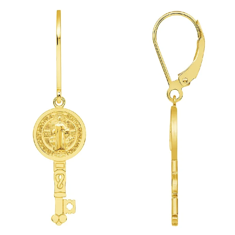 chandelier earrings for women-Solid 14k Yellow Gold Saint Benedict Key Dangle Drop Earrings with Leverback (Reversible)