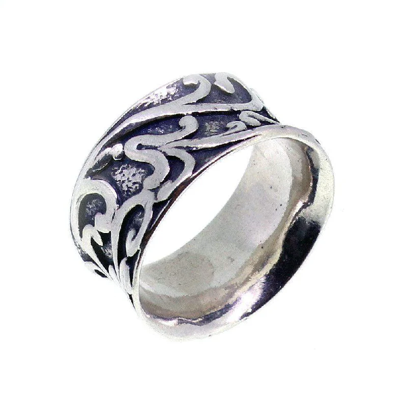 beautiful gold rings for women-Sterling Silver And Oxidized Patterned Ring - R5363