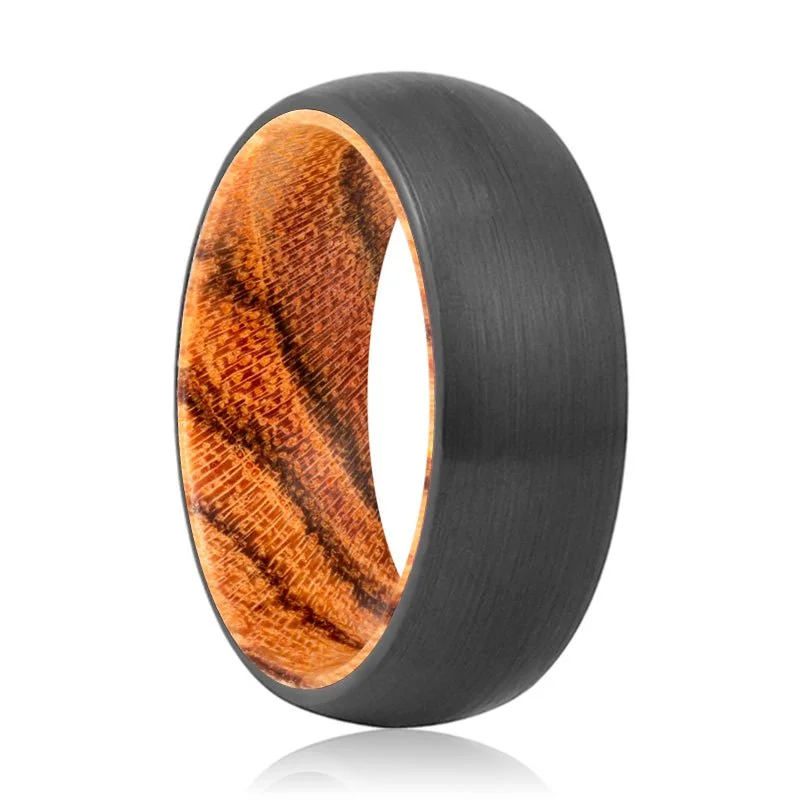 diamond solitaire rings for women-GRAIN | Bocote Wood, Black Tungsten Ring, Brushed, Domed