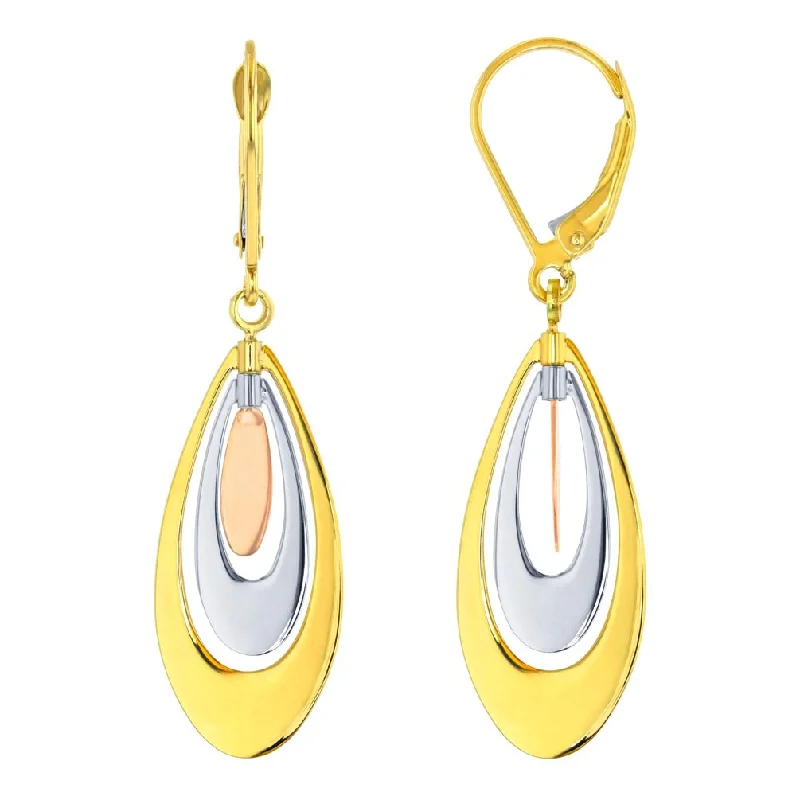 luxurious earrings for women-14k Tri-Color Gold Fancy Oval Teardrop Dangle Earrings