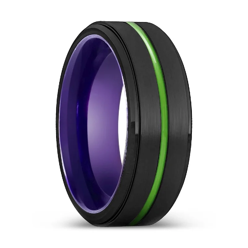 vintage rings for women-BRIDGEPORT | Purple Ring, Black Tungsten Ring, Green Groove, Stepped Edge