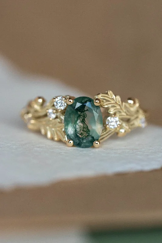 contemporary engagement rings for women-Moss agate engagement ring, gold oak leaves and diamonds proposal ring / Silviya