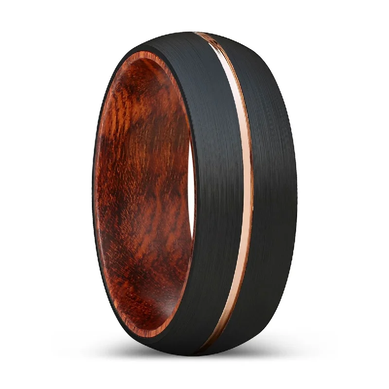 trendy wedding rings for women-JABBA | Snake Wood, Black Tungsten Ring, Rose Gold Groove, Domed