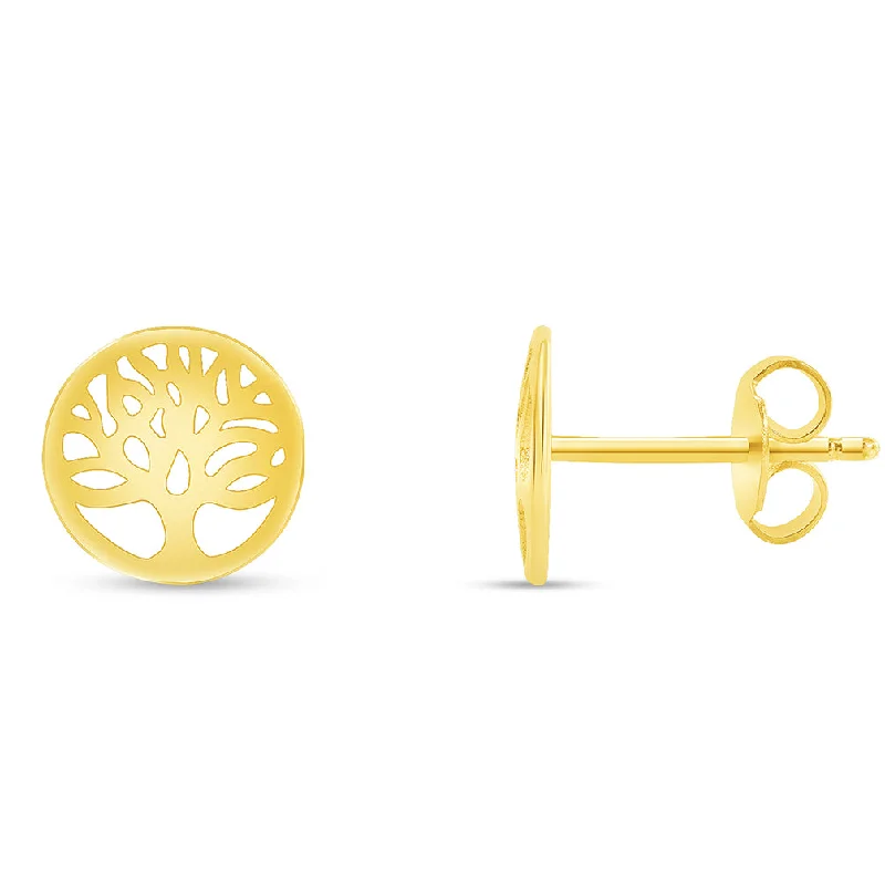 beautiful earrings for women-Solid 14k Yellow Gold Round Tree of Life Stud Earrings with Screw Back, 8.5mm