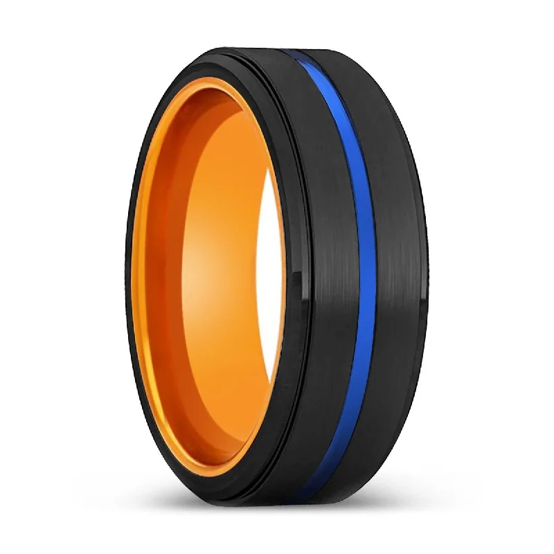 wedding ring sets for women-PIKE | Orange Ring, Black Tungsten Ring, Blue Groove, Stepped Edge