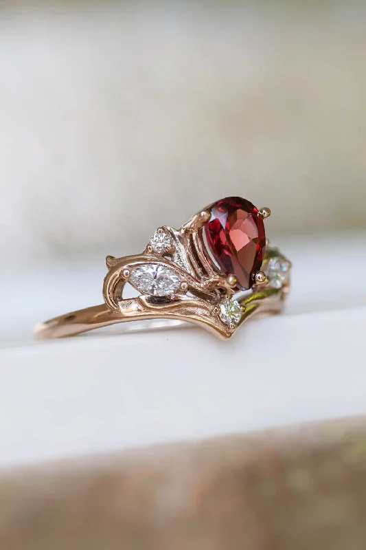 engagement rings with rubies for women-Diamond and garnet engagement ring, elvish proposal ring / Swanlake