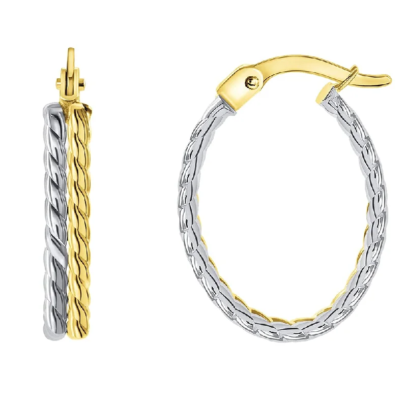 elegant hoop earrings for weddings-14k Two-Tone Gold Rope-Style Oval Double Hoop Earrings with Hinged Snap Back