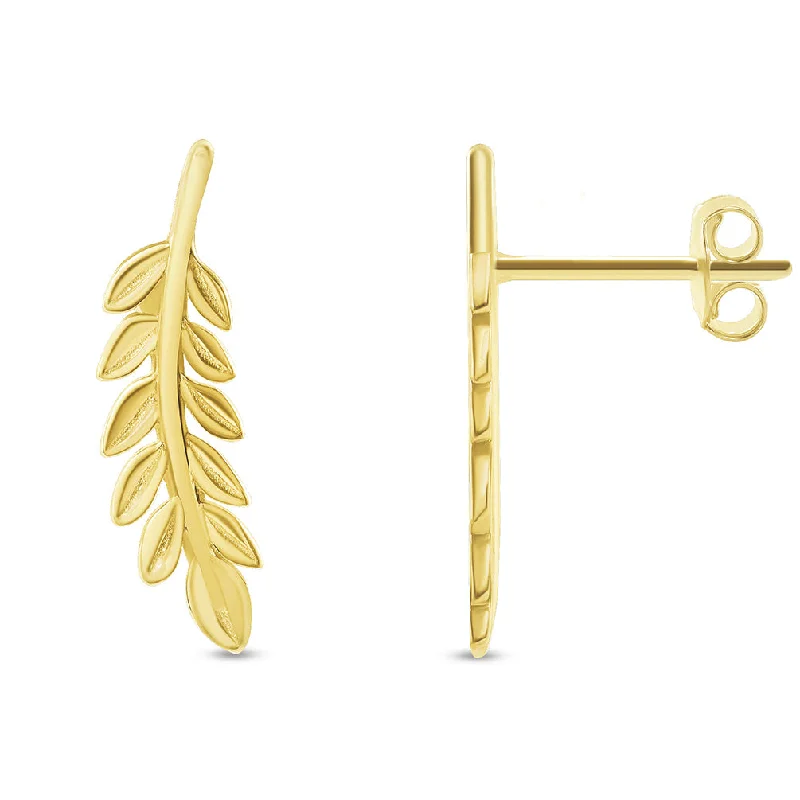 chic earrings for women-Solid 14k Yellow Gold Olive Branch Stud Earrings with Screw Back, 19mm