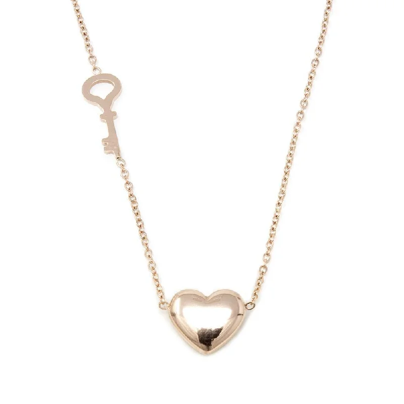 luxury gemstone necklaces for women-Stainless Steel Heart Key Necklace Rose Gold Plated