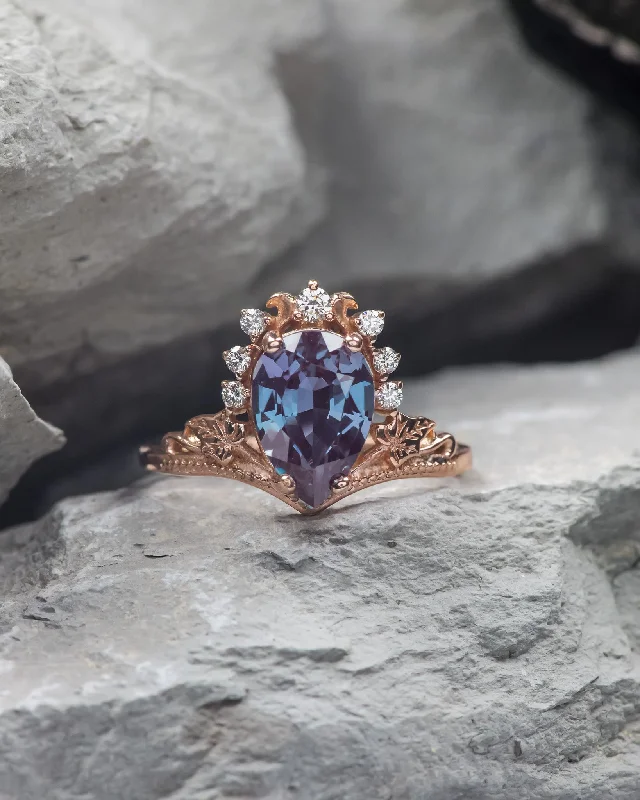 simple solitaire engagement rings for women-Alexandrite and diamonds engagement ring, big pear gemstone gold ring / Ariadne