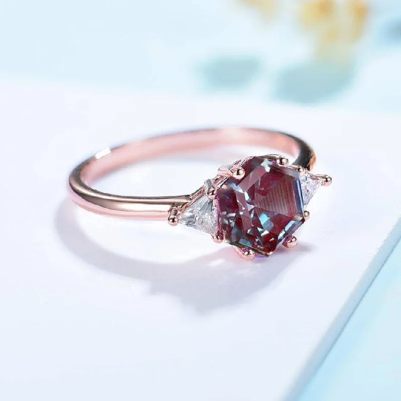 affordable engagement rings for women-2ct Hexagon lab grown Alexandrite Gemstone Ring