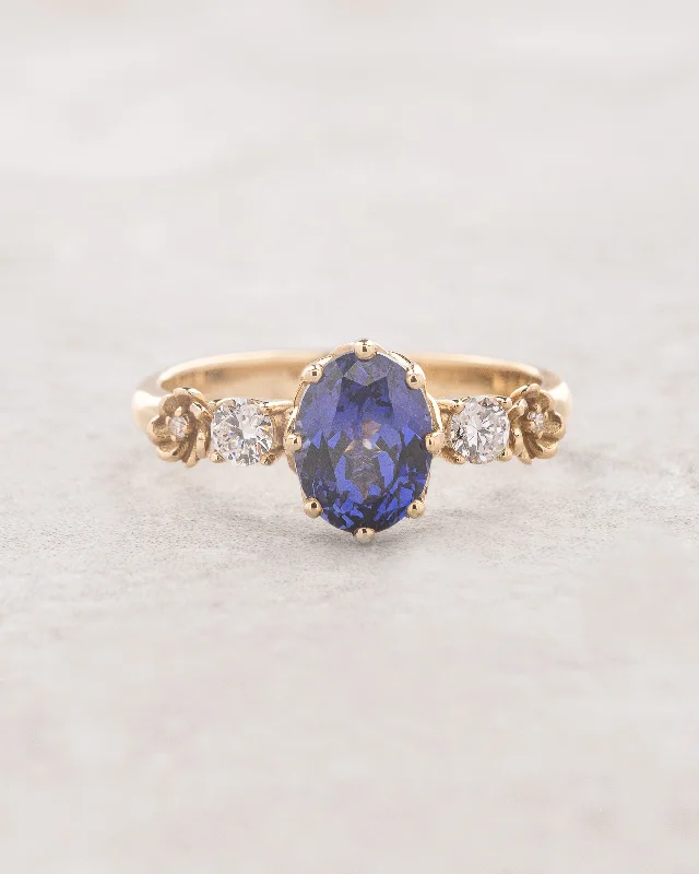 elegant engagement rings with gemstones for women-Royal blue sapphire engagement ring, flower promise ring with lab sapphire and diamonds / Fiorella