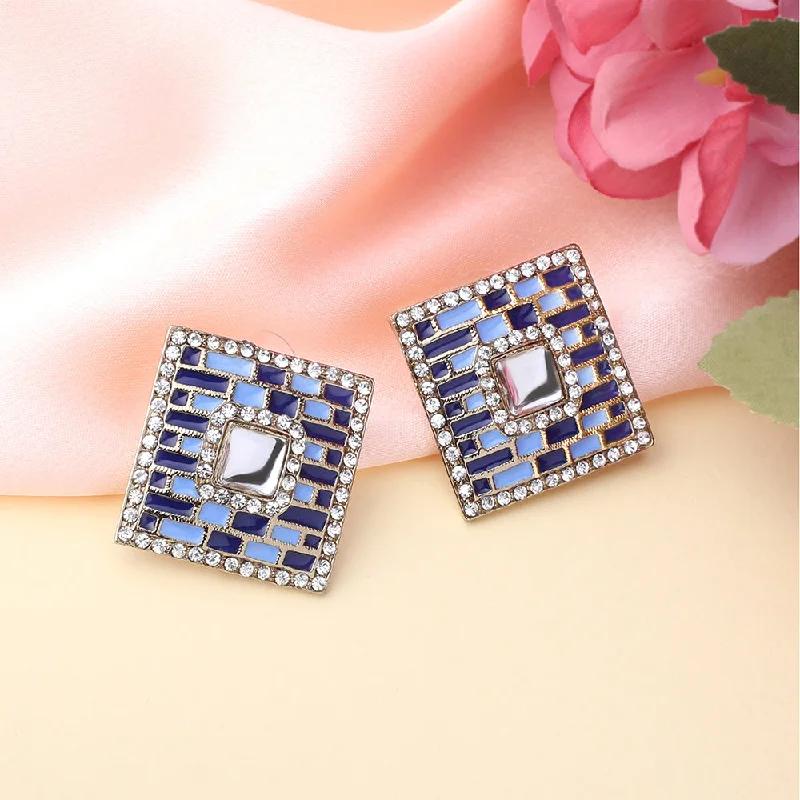 modern stud earrings for women-Mahi Squarish Dangler Earrings with Crystals and Blue Meenakari Enamel for Women (ER11098145GBlu)