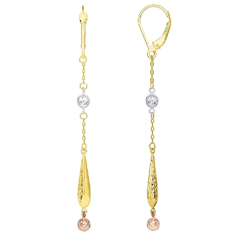 pearl drop earrings for women-14k Gold Beaded Textured Teardrop Dangle Drop Earrings with Lever Back - Tri Color Gold