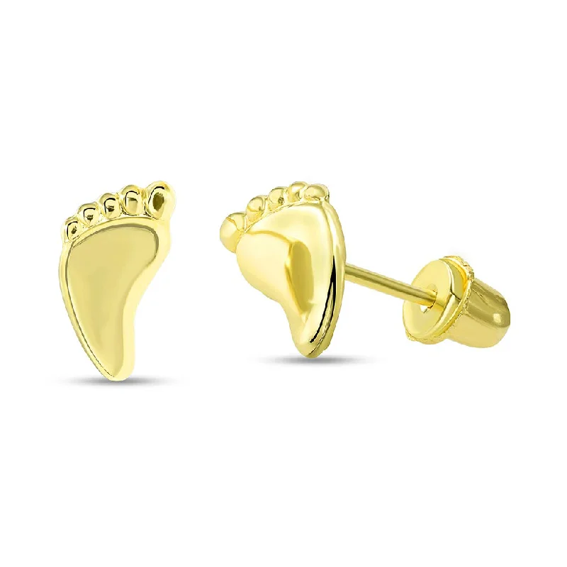 fashion-forward earrings for women-Solid 14k Yellow Gold Mini Feet Stud First Step Symbols Earrings with Screw Back