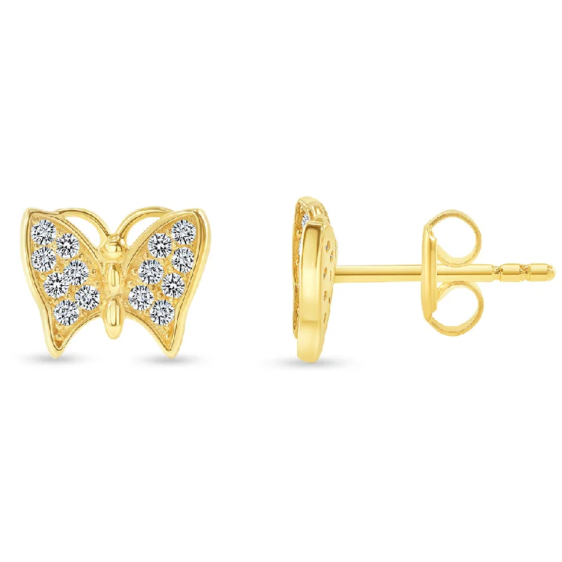 luxurious hoop earrings for women-Solid 14k Yellow Gold Pave Cubic-Zirconia Butterfly Stud Earrings with Screw Back, 6.5mm