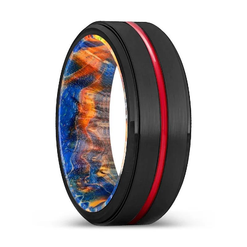 vintage gold rings for women-CYCLONE | Blue & Yellow/Orange Wood, Black Tungsten Ring, Red Groove, Stepped Edge