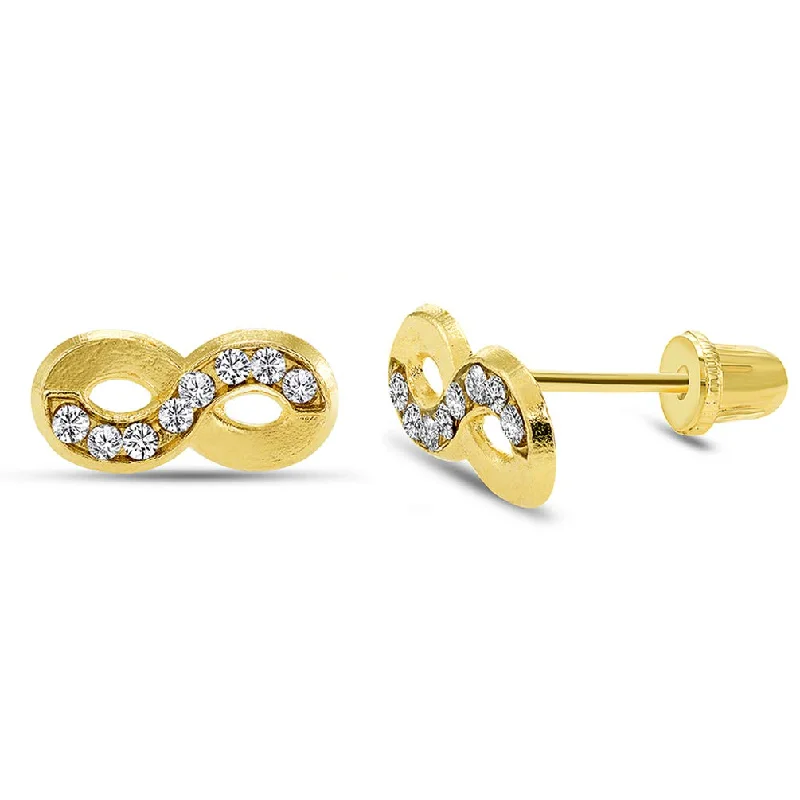 luxurious hoop earrings for women-14k Yellow Gold CZ Infinity Stud Love Earrings with Screw Back