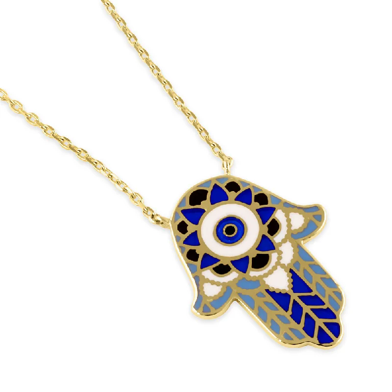 long pendant necklaces for women-Solid 14K Gold Hand Painted Hamsa Necklace