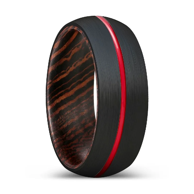 beautiful gold rings for women-FRENZY | Wenge Wood, Black Tungsten Ring, Red Groove, Domed