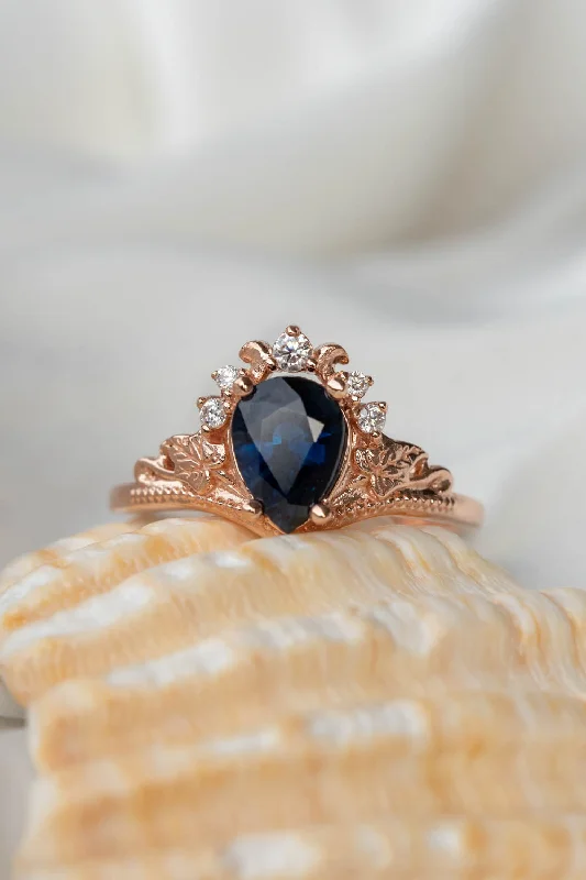 unique gold engagement rings for women-Sapphire engagement ring with diamonds, crown shape ring with real sapphire / Ariadne