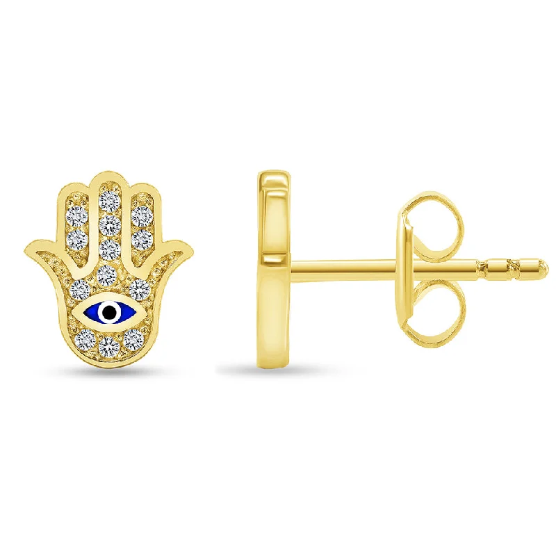 crystal earrings for women-14k Yellow Gold Cubic-Zirconia Hamsa Hand of Fatima with Evil Eye Stud Earrings with Screw Back, 9mm