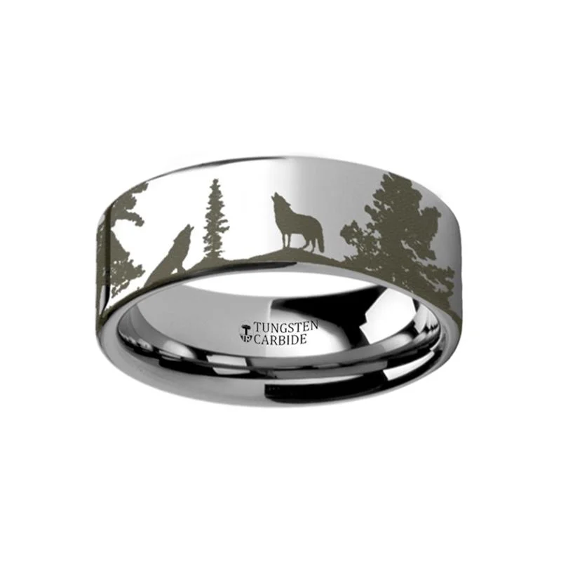 elegant promise rings for women-Animal Landscape Scene Wolf Engraved Flat Tungsten Ring