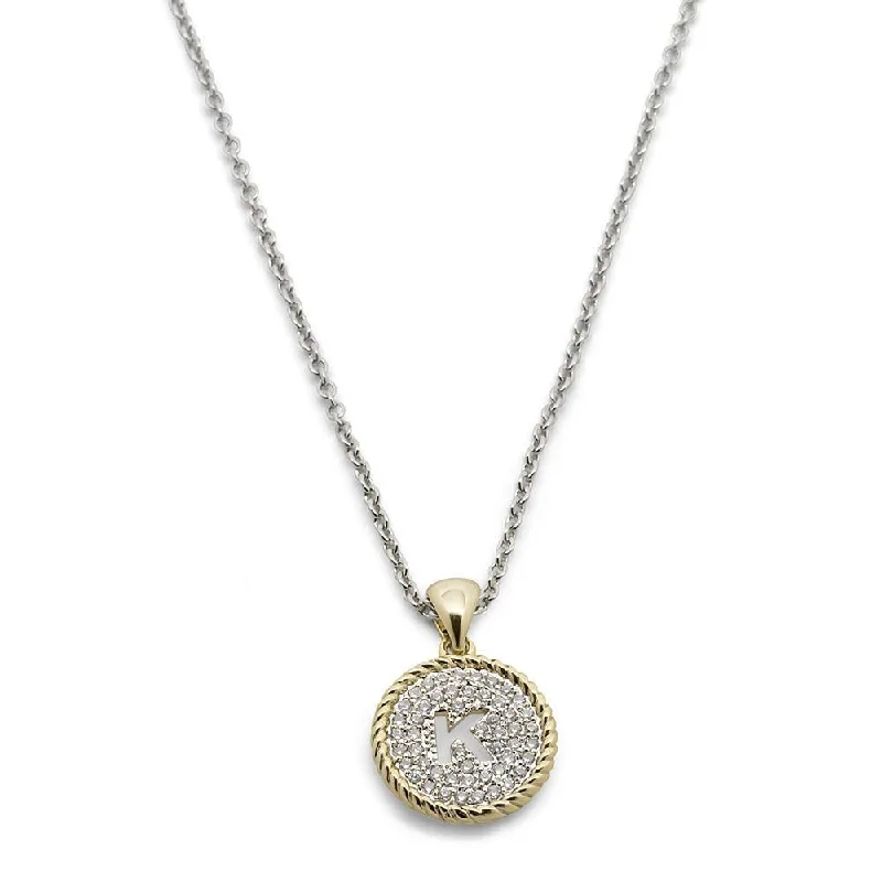 charm necklaces for women-Two Tone Necklace Round Pave Initial - K