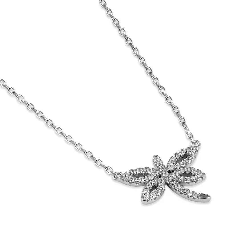 designer necklaces for women-Sterling Silver Dragonfly CZ Necklace