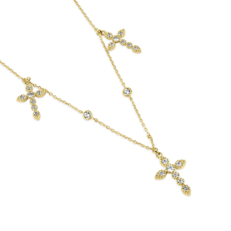 sterling silver chain necklaces for women-Solid 14K Gold Triple Cross Charm CZ Necklace