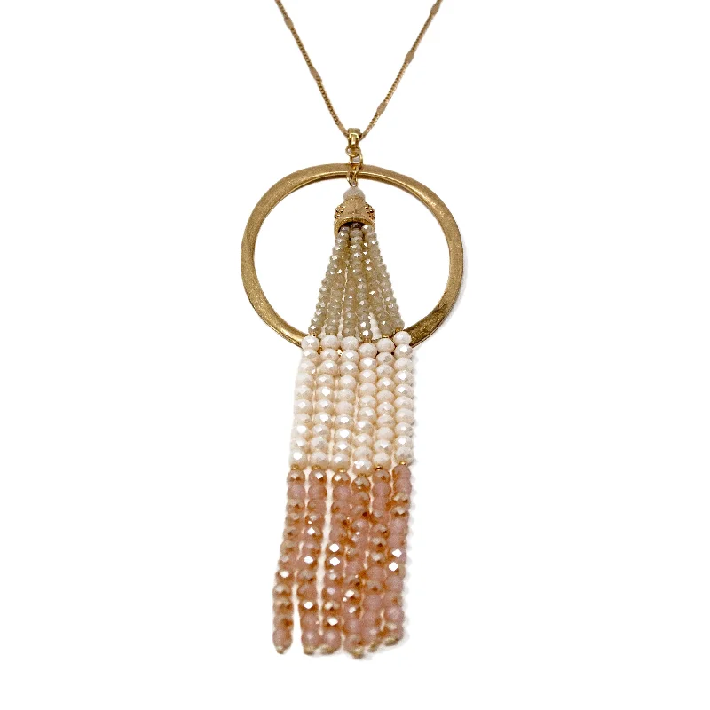 modern necklaces for women-Gold Tone Necklace With Glass Bead Tassel Pink