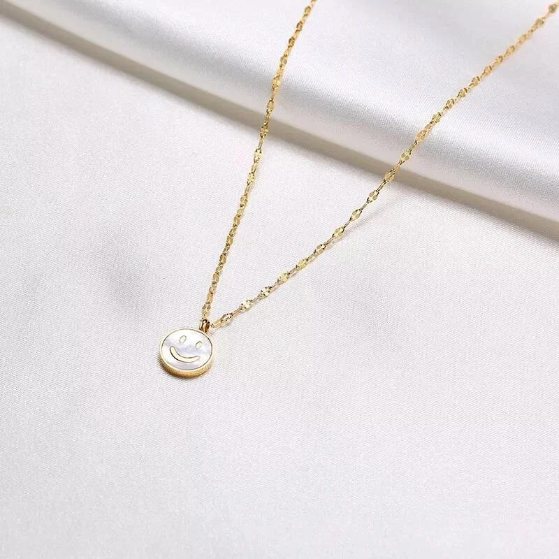 geometric necklaces for women-Stainless Steel MOP Happy Face Pendant Necklace Gold Plated